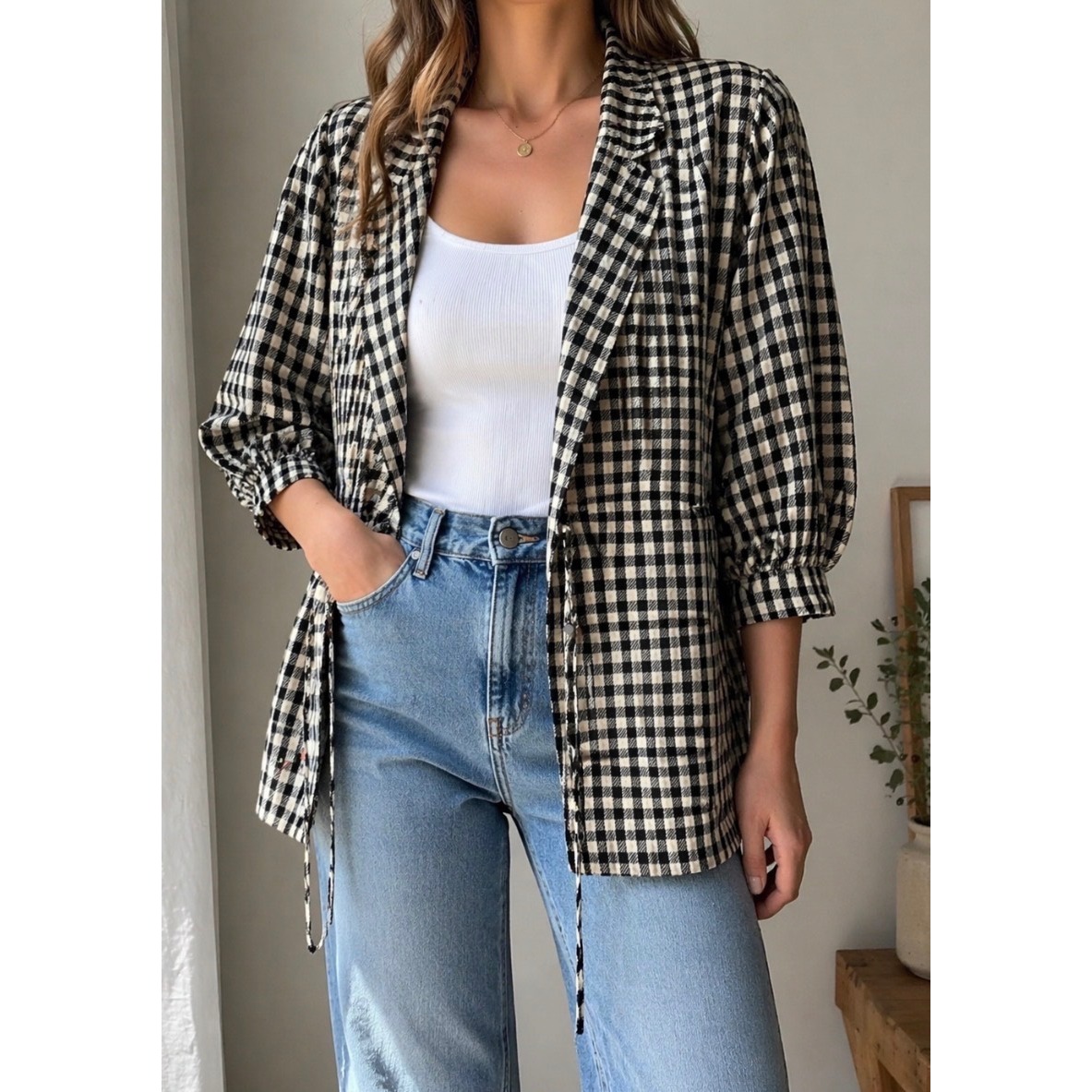 Vtg Karl Logan Gingham Blazer Tie Front Balloon Sleeve Preppy Chic Blk Wht 14 Xl
